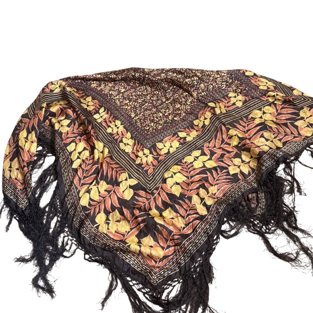 Vintage Lady Lord 100% Pure Silk Floral Fringe Shawl Scarf Made in India Black